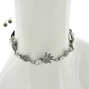 Silver Tone Clear Glass & Rhinestone Choker